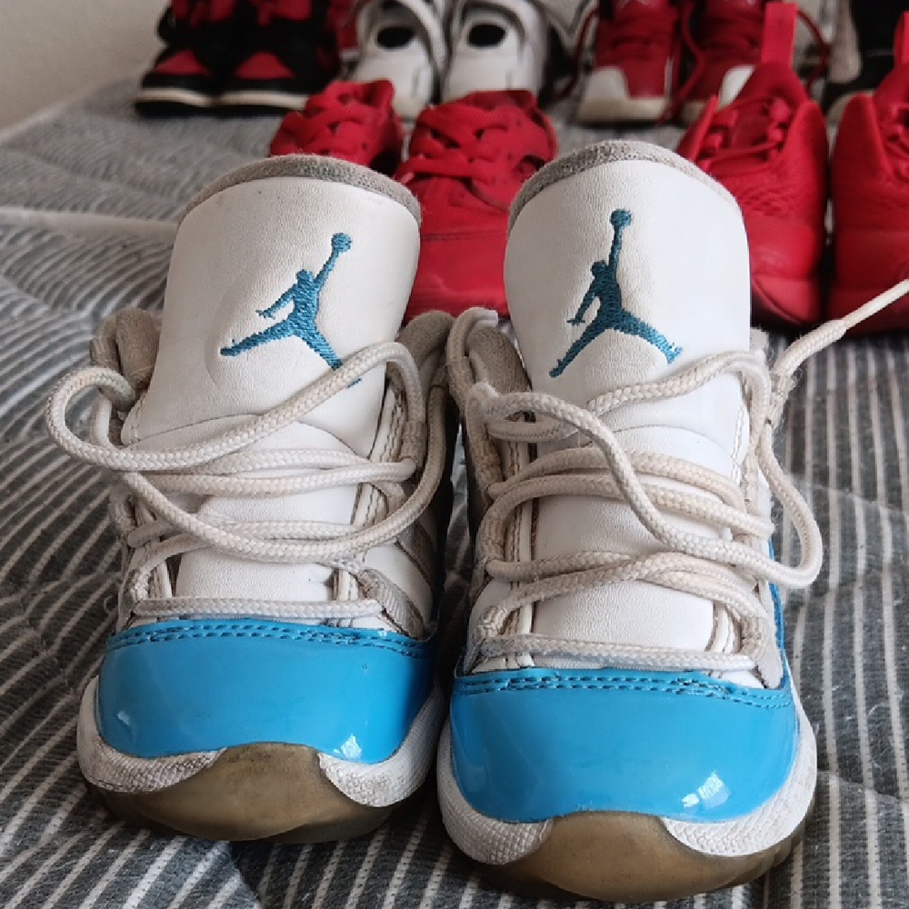 Kids White and Blue Jordan Shoes